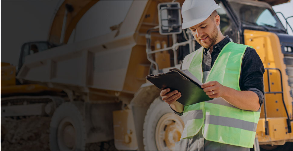 Worker reviewing checklist on industrial site
